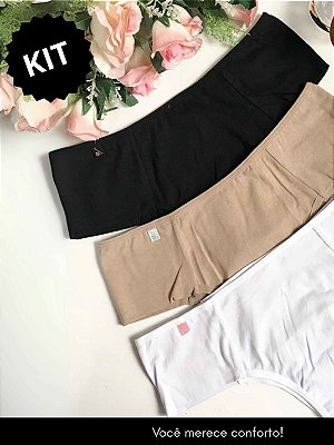 kit 3 calcinhas em cotton de pala nas laterais (Preto,Branco,Bege)