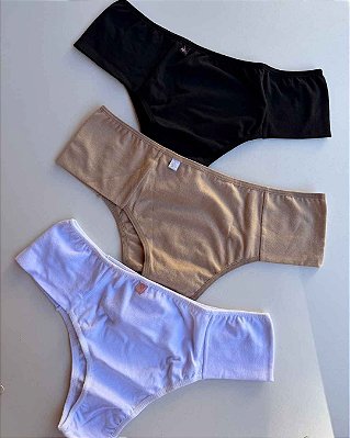 kit 3 calcinhas em cotton de pala nas laterais (Preto,Branco,Bege)
