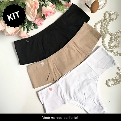 kit de 3 calcinhas em cotton de pala nas laterais (Preto,Branco,Bege)