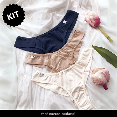 kit de 3 calcinhas fio duplo em cotton ( Azul, Bege, Marfim)- SITE
