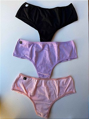 kit de 3 calcinhas em cotton de pala nas laterais fio duplo (Preto, Lilás, Rose)