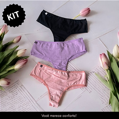 kit de 3 calcinhas em cotton de pala nas laterais fio duplo (Preto, Lilás, Rose)- SITE