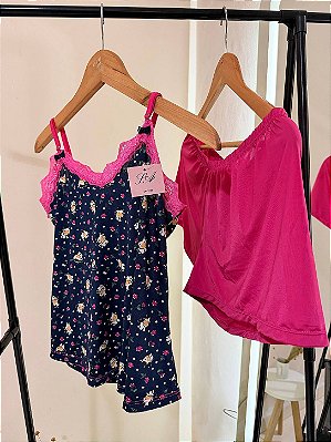 Pijama Baby Doll Feminino Estampado com Alças de Regulagem Vaquinha Azul e Pink