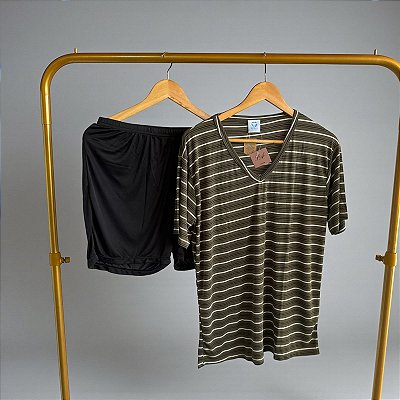 Pijama Harmonia Camiseta Listrada em Poliamida Verde c/ Preto