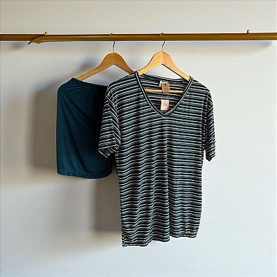 Pijama Harmonia Camiseta Listrada em Poliamida Azul c/ Preto