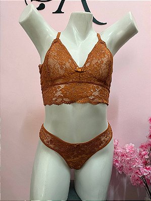 Conjunto Lingerie Desejada com Bojo e Calcinha Fio Duplo em Renda Terracota