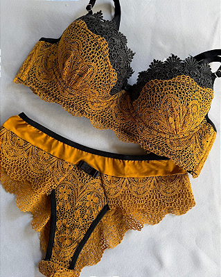 Conjunto Lingerie Sedutor Rendado Mostarda com preto