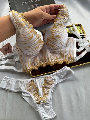 Conjunto Lingerie Luz Cropped Tule Branco e Dourado