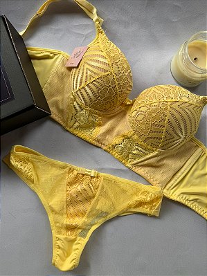 Conjunto Lingerie Chic Cropped renda e tule Amarelo