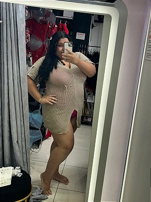 Saída de Praia Infinity Tricot Decote em V com Fenda Frontal e Ajuste na Cintura Bege Plus Size