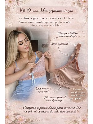 Kit Divina mãe amamentação- 2 Sutiãs Comfy Bege e Rose 1 Camisola Helena
