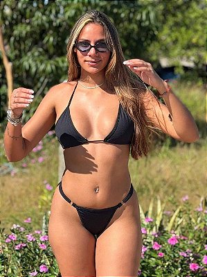 Conjunto Biquini Solare Cortininha sem Bojo e Alças Ajustaveis por Amarração Calcinha Fio com Regulagem PretoPreto