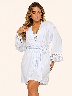 Robe Encanto Poliéster e Renda na manga Branco