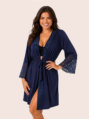 Robe Belle Nuit Manga Microfibra e Renda Azul