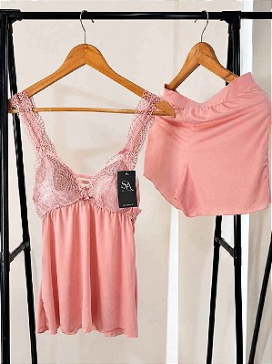 Short Doll Princesa em Renda Rosa com bojo