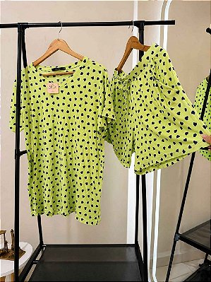 Pijama de Verão Feminino Loungewear Estampa de Mini Corações e Cós Elastico Verde