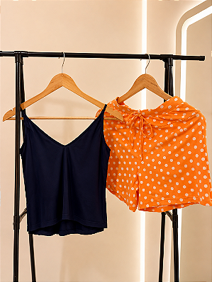 Pijama de Verão Lili Feminino com Alcinha e Short de Bolinha Cós Elastico Laranja com Preto