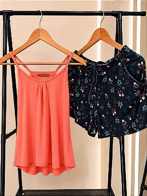 Pijama de Verão Floral Alças Finas e Short com Cós Elastico Salmão