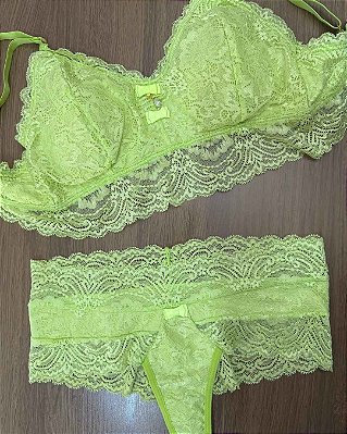 Conjunto Lingerie Desejada em Renda Verde Neon