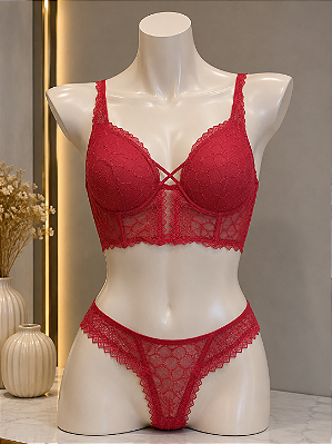 Conjunto Lingerie Cropped em Renda Pink