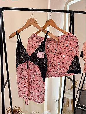Pijama Baby Doll Feminino com Alças de Regulagem Estampado Fofo