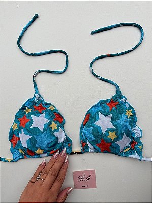 Top Biquini Avulso Cortininha com Bojo de Amarração Estrela Azul
