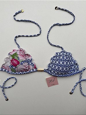 Top Biquini Cortininha Floral Azul com Bojo Removível e Amarração Ajustável