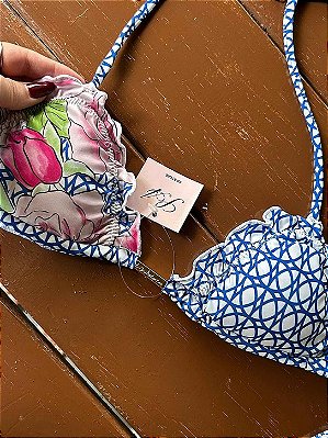 Top Biquini Cortininha Floral Azul