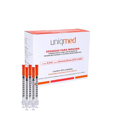 Seringa Insulina 0,5mL 50UI Agulha 5mmx0,23mm 32g Caixa com 100un Uniqmed