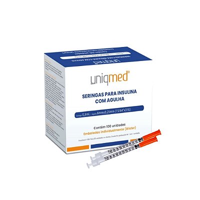 Seringa Insulina 0,5mL 50UI Agulha 6mmx0,25mm 31g Caixa com 100un Uniqmed