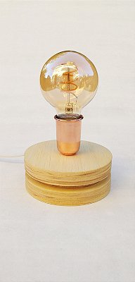 Luminária De Mesa Redondo Madeira Abajur Artesanal Minimalista Dourado