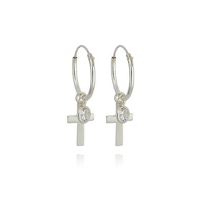 Brinco Argola Cruz e Zircônia - Prata 925