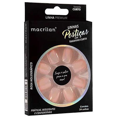 Unhas Postiças Macrilan Linha Premium Curto Rosa Holográfico UP206C