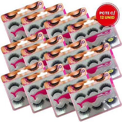 Cílios Postiços 5D com 3 Pares + Pinça Ruby Anjo RA-003 - Pcte c/ 12 unid