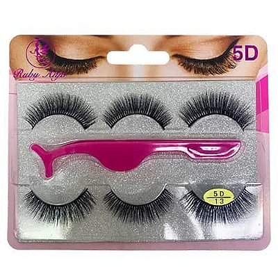 Cílios Postiços 5D com 3 Pares + Pinça Ruby Anjo RA-003