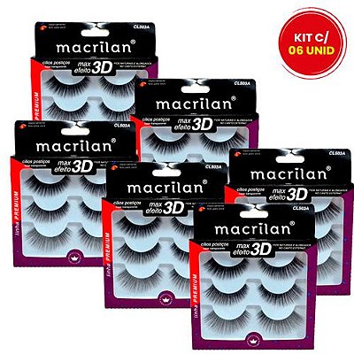 Cílios Postiços Fios Naturais e Alongados com 3 Pares Linha Premium Macrilan CL503A - Kit c/ 06 unid