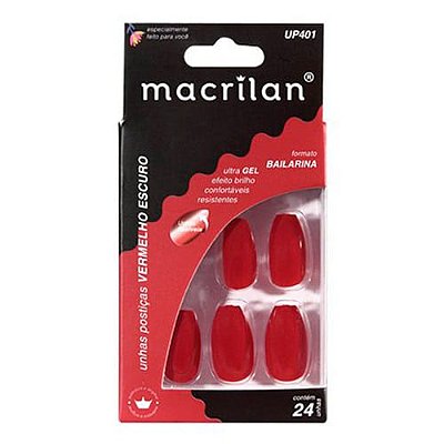 Unhas Postiças Formato Bailarina Vermelho Escuro Macrilan UP401