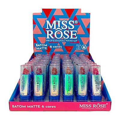 Batom Bastão Matte 6 Cores Miss Rôse MR008 - Box c/ 48 unid