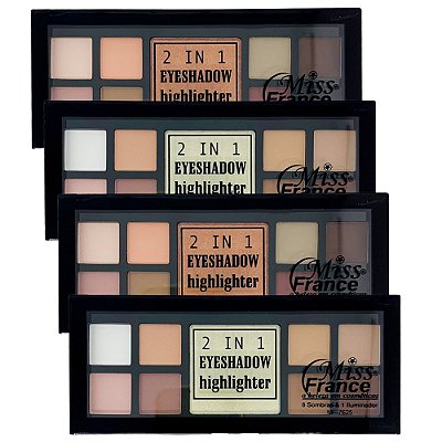Paleta de Sombras e Iluminador 2 em 1 Miss France MF-7625 - Kit c/ 04 unid