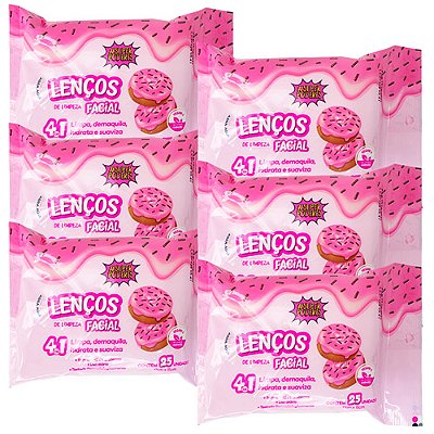 Lenço Umedecido de Limpeza Facial 4 em 1 Donuts Super Poderes LDSP08 - Kit c/ 06 unid