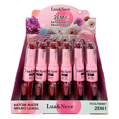 Batom Bastão Matte & Brilho Labial 2 em 1 Lua & Neve LN08007 - Box c/ 24 unid