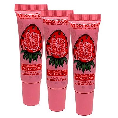 Hidratante Labial com Glitter Morango Balm Fruits Miss Rôse MR054/C - Kit c/ 03 unid