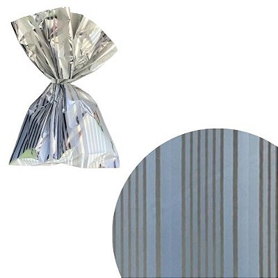 Saquinho de Presente Prata Listrado Tam 10 x 14 - Pcte c/ 50 unid