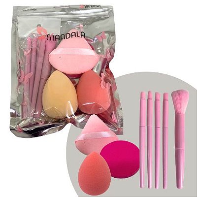 Kit com 04 esponjas para Maquiagem e 05 Mini Pincel Mandala MM056