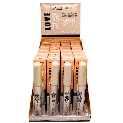 Corretivo Líquido Alta Cobertura Love FPS 35 Matte Cor 100 ao 103 Max Love - Box c/ 28 unid