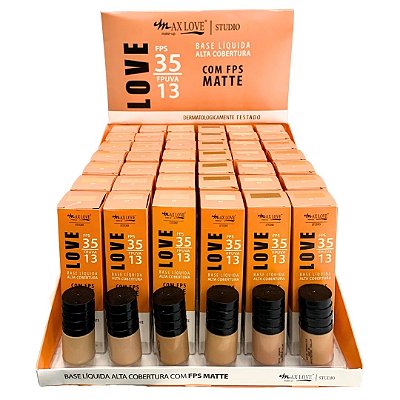 Base Líquida Alta Cobertura Love FPS 35 Matte Cor 56 ao 61 Max Love - Box c/ 42 unid