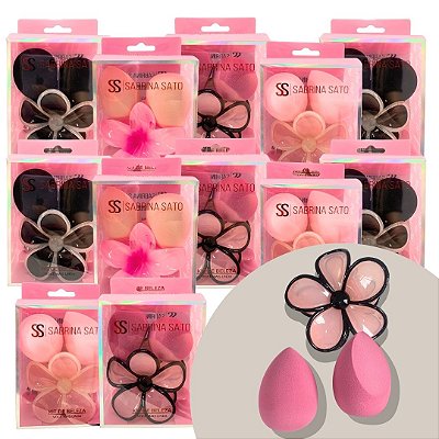 Kit com 02 Esponja de Maquiagem e 01 Presilha Flor Sabrina Sato SP2121 - Pcte c/ 12 unid