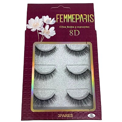 Cílios Postiços 8D F004 com 03 Pares Femme Paris FM1022