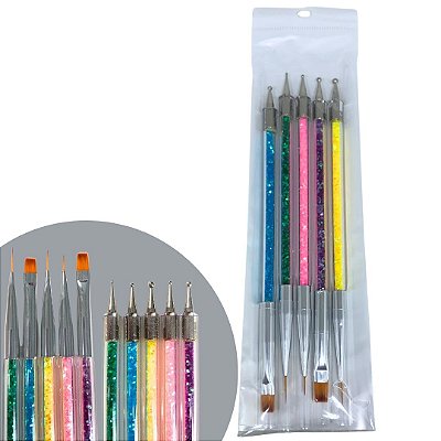 Kit com 05 Pincel Duplo para Decoração de Unha MM5619