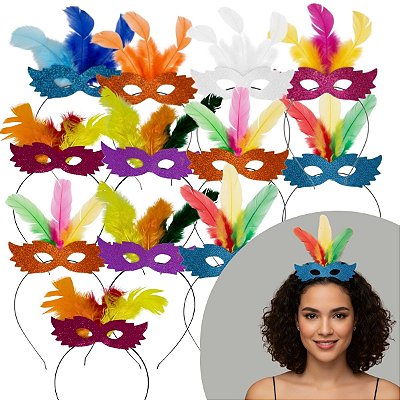 Tiara de Carnaval com Penas Coloridas e Máscara com Glitter - Pcte c/ 12 unid